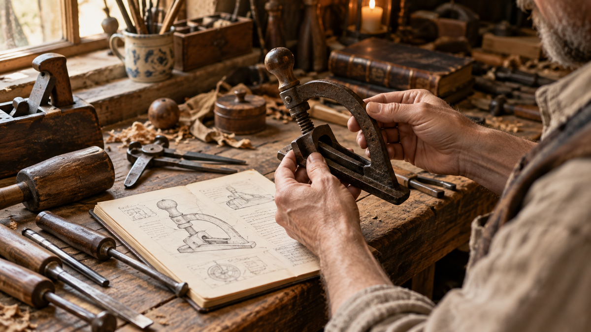 Altes Handwerkzeug wird in einer Werkstatt sorgfältig untersucht