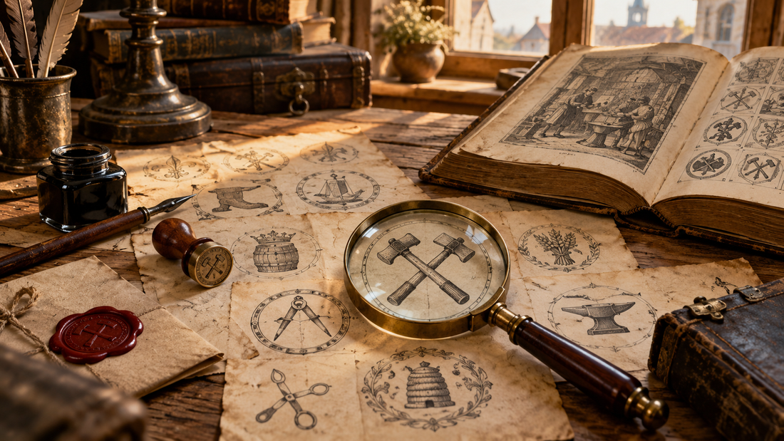 Historische Handwerkssymbole und Siegel werden mit einer Lupe untersucht