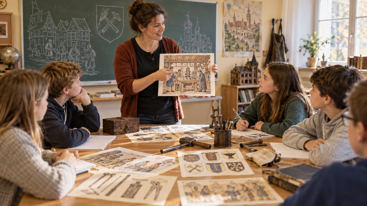 Unterricht über mittelalterliche Zünfte mit historischen Abbildungen und Tafelbild