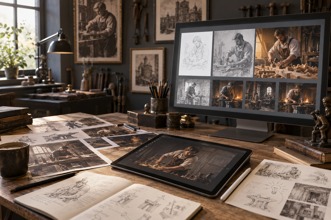 Atelierarbeitsplatz mit digitalen und analogen Bildentwürfen