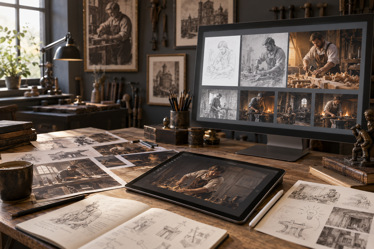 Atelierarbeitsplatz mit digitalen und analogen Bildentwürfen