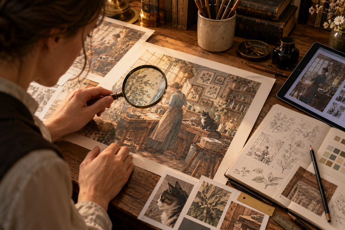 Bildprüfung mit Lupe, Skizzen und digitalen Referenzen im Atelier