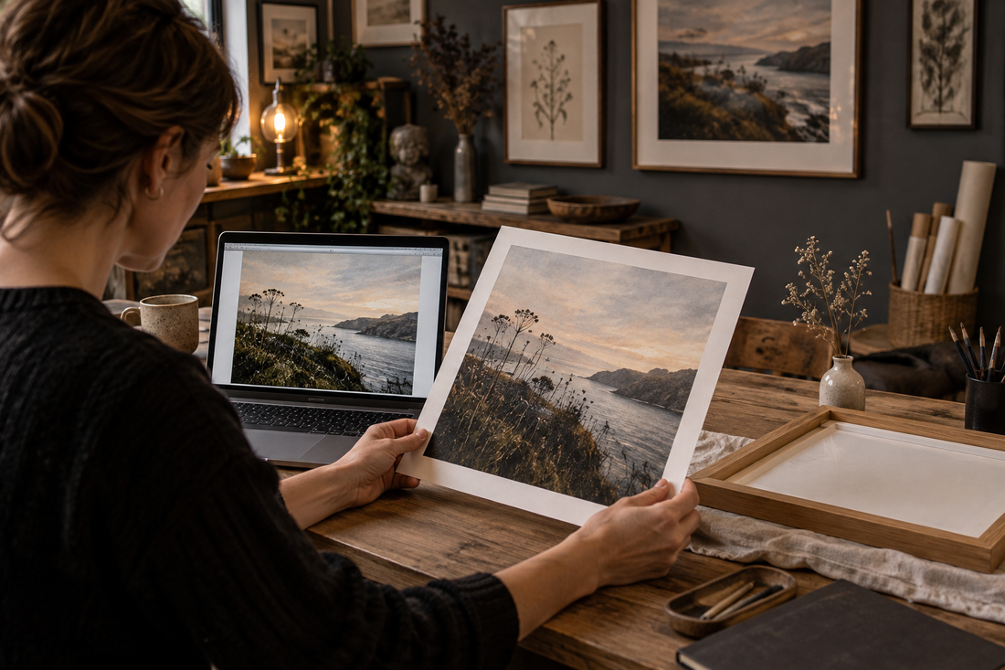 Prüfung eines Kunstdrucks neben Bildschirm und Rahmen im Atelier