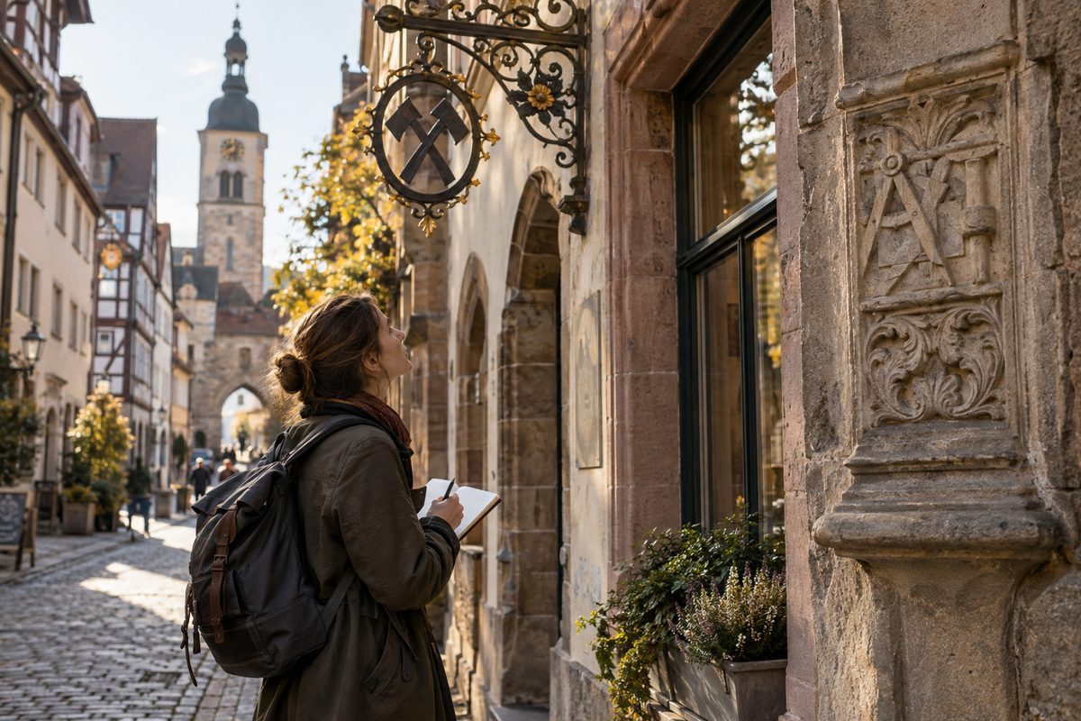 Person entdeckt historische Handwerkssymbole in einer alten Stadtgasse