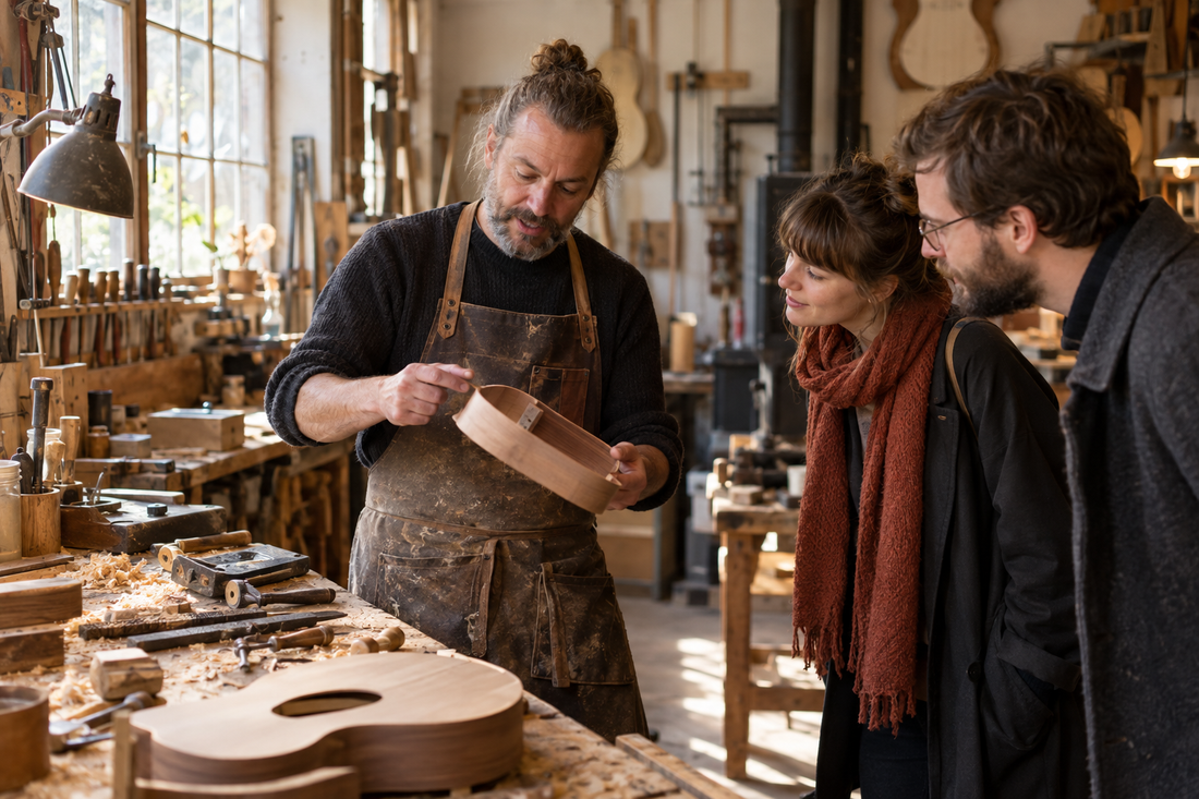 Werkstattführung im Instrumentenbau mit Besuchern am Arbeitstisch