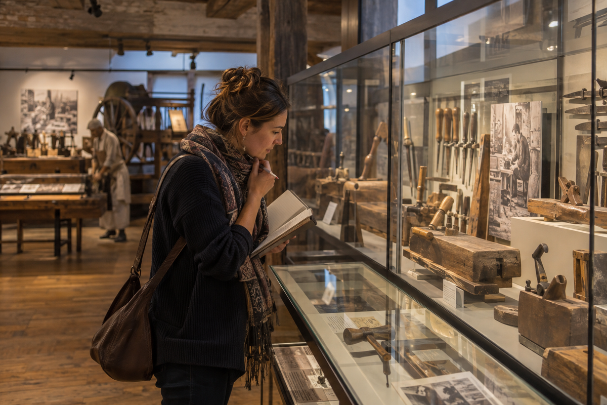 Besucherin betrachtet Werkzeuge in einem Museum