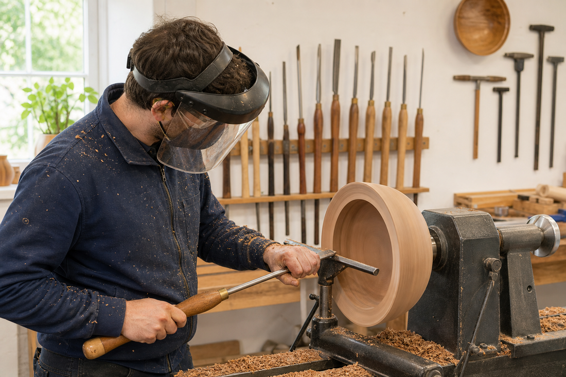 Drechsler beim Formen eines Holzgefäßes an der Drehbank