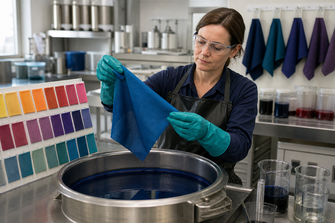 Produktveredlerin Textil bei der Kontrolle eines Färbebads