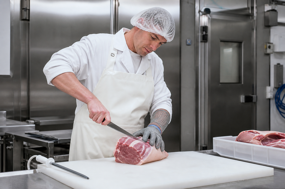 Fleischer bei präziser und hygienischer Fleischverarbeitung