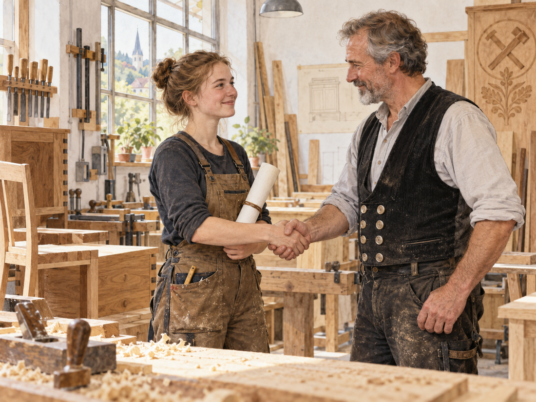 Ausbilder gratuliert einer jungen Handwerkerin mit Handschlag zum Ausbildungsabschluss