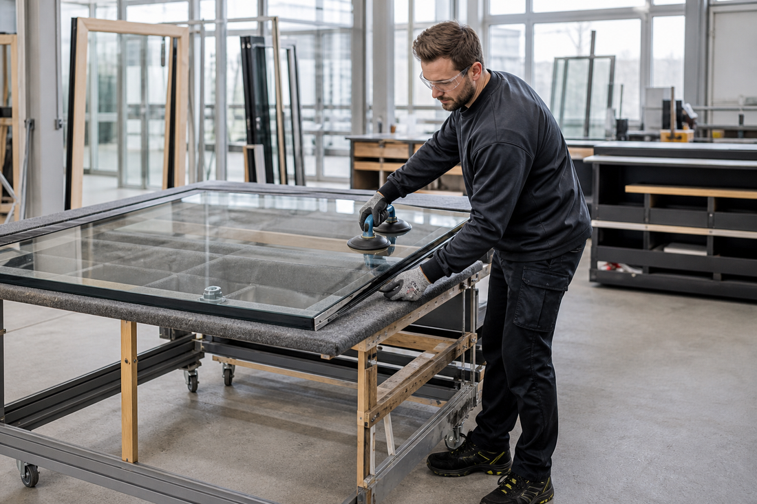 Glaser beim sicheren Positionieren einer Isolierglasscheibe