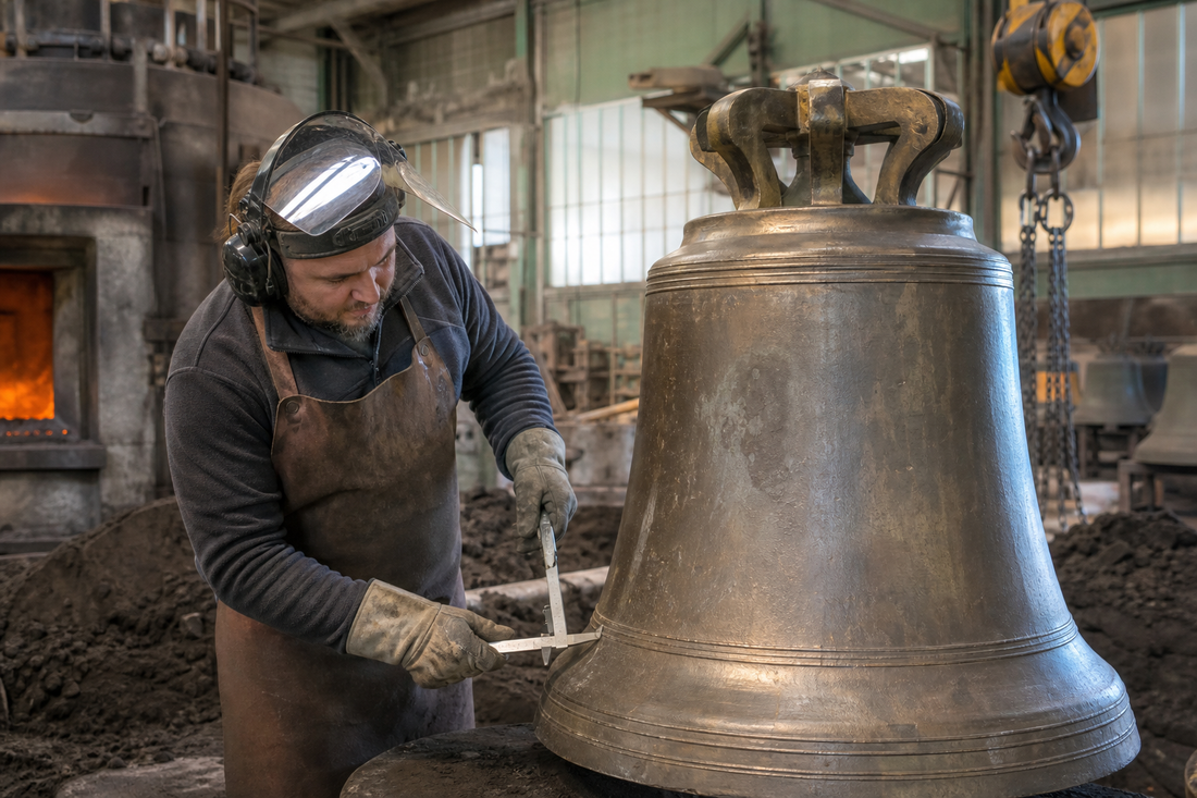 Metall- und Glockengießer bei der Kontrolle einer Bronzeglocke