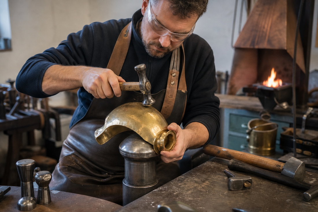 Metallbildner der Fachrichtung Gürtlertechnik beim Treiben eines Messingbeschlags