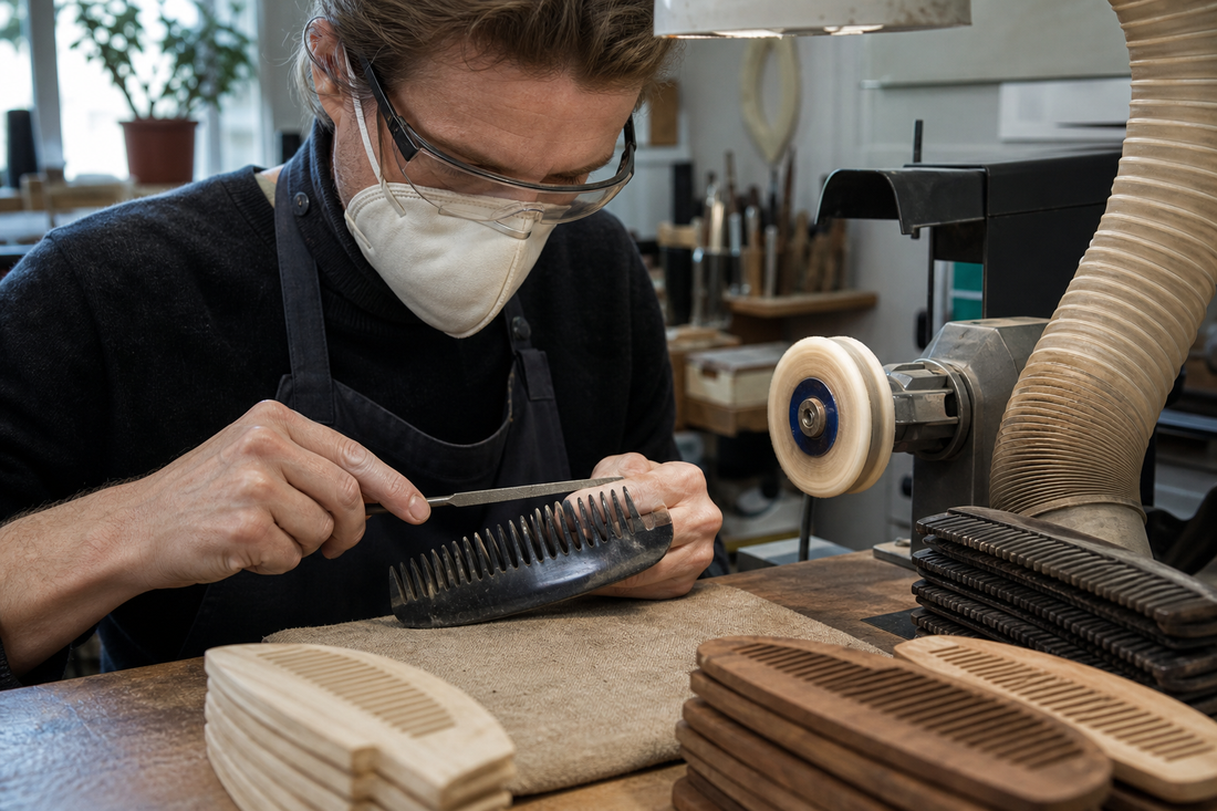 Kunsthandwerker beim Feilen der Zähne eines handgefertigten Kamms
