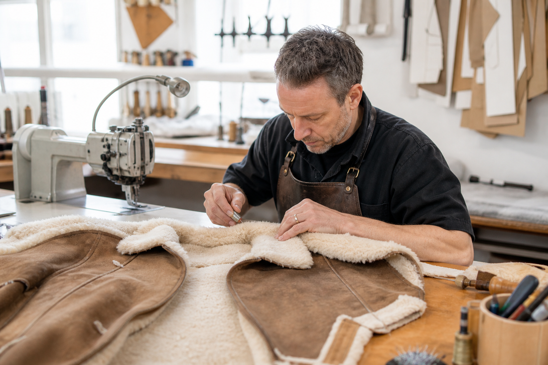 Kürschner bei der Reparatur eines Lammfellkleidungsstücks