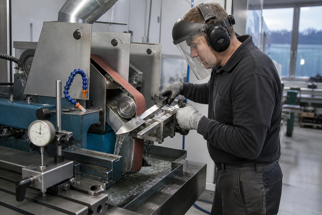 Präzisionswerkzeugmechaniker beim kontrollierten Schleifen einer Klinge