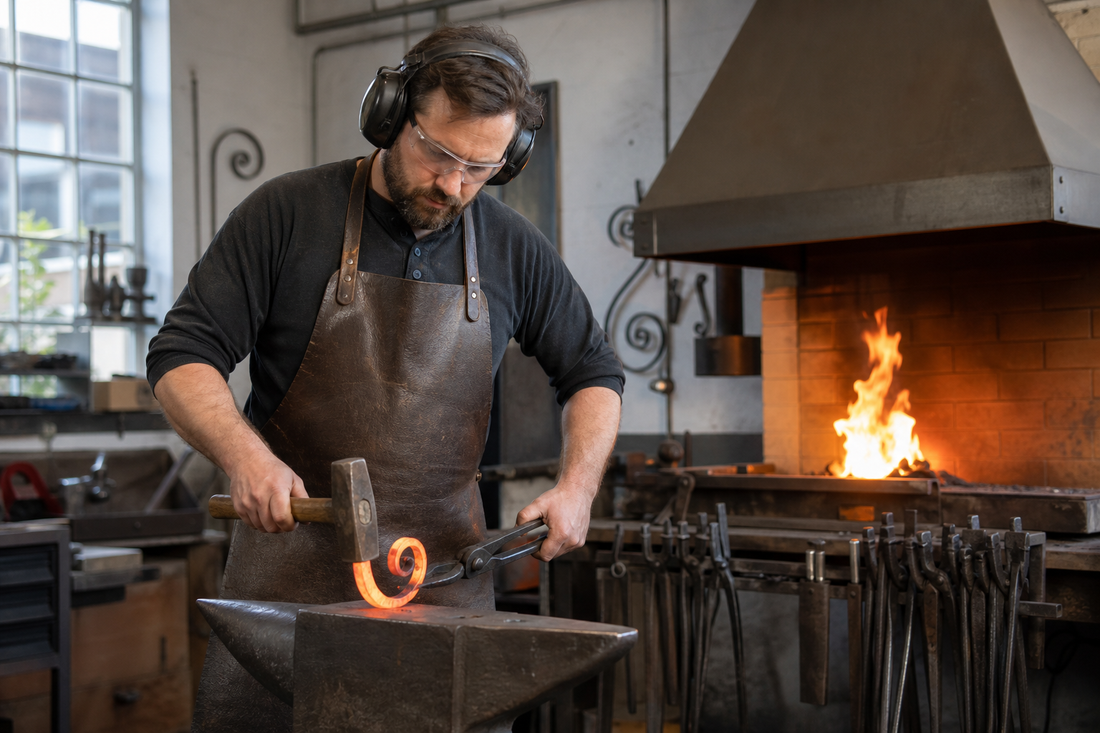 Metallbauer der Fachrichtung Metallgestaltung beim Schmieden eines Zierelements
