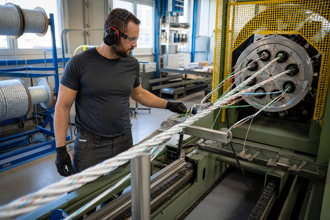 Seiler beim Prüfen der Litzen an einer modernen Seilschlagmaschine