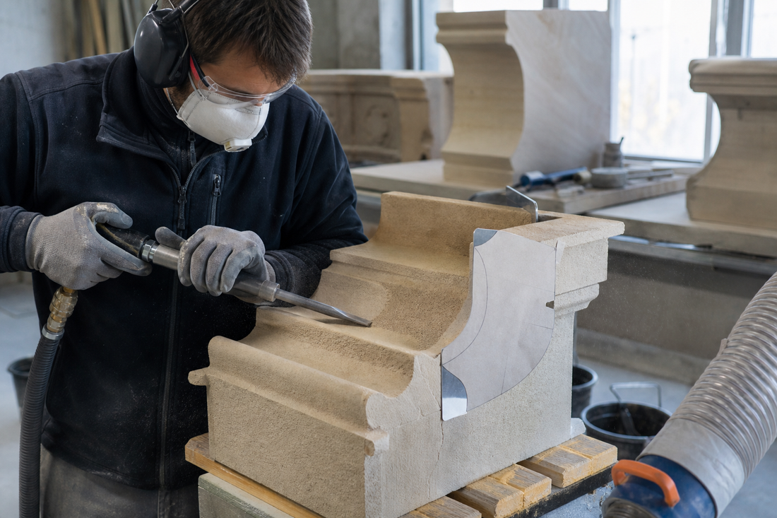 Steinmetz beim Bearbeiten eines Sandsteinprofils mit Staubschutz