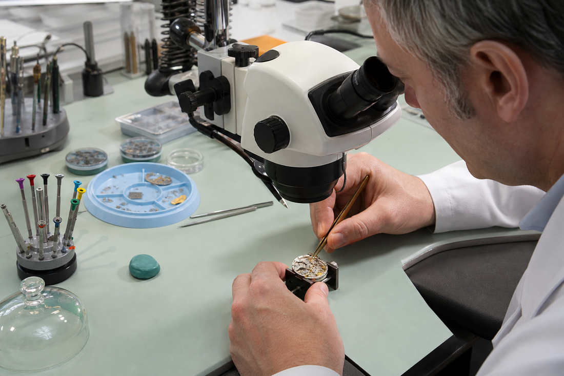 Uhrmacher bei der Wartung eines mechanischen Uhrwerks am Mikroskop