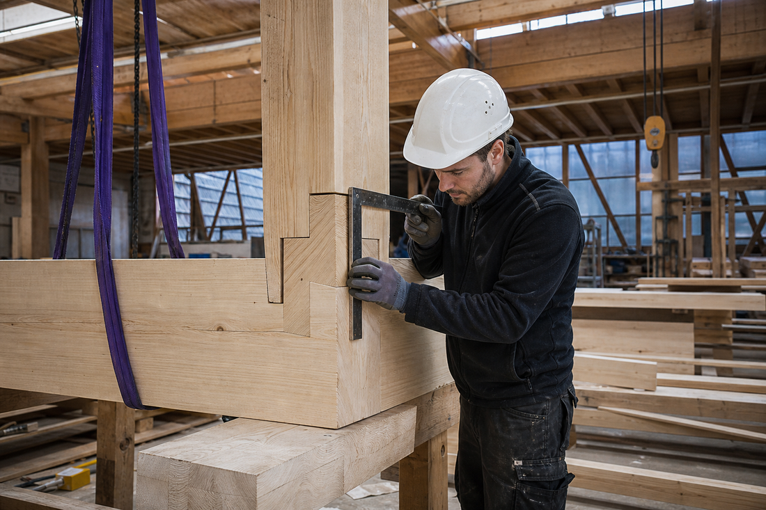 Zimmerer beim kontrollierten Fügen eines modernen Holzrahmenbauteils