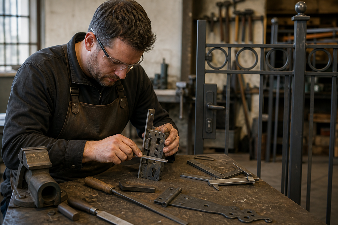 Metallbauer beim Einpassen eines Schlosses und geschmiedeter Beschläge