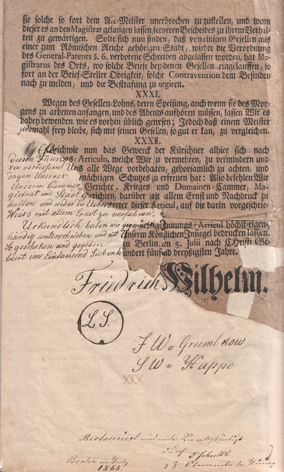 Historischer Gülde-Brief des Kürschner-Gewerks als Bild zum Zunftbegriffe-Glossar
