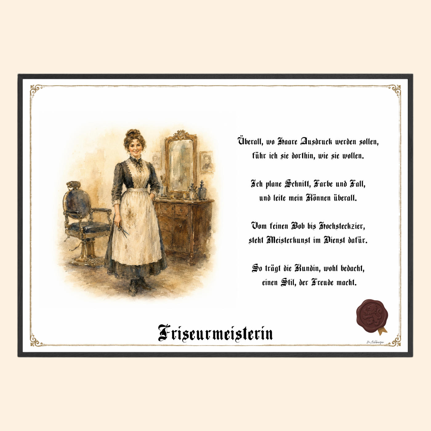 Zunftbild Friseurmeisterin – historisches Berufsbild als Fine-Art-Kunstdruck