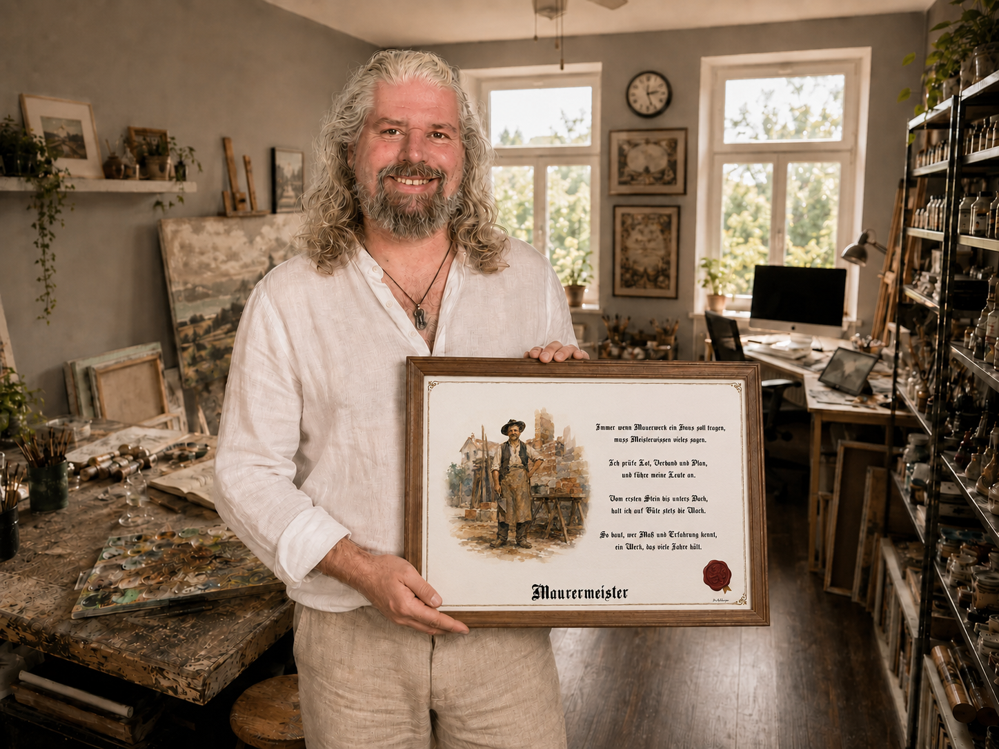 Marcus Achberger im Atelier mit einem Zunftbild