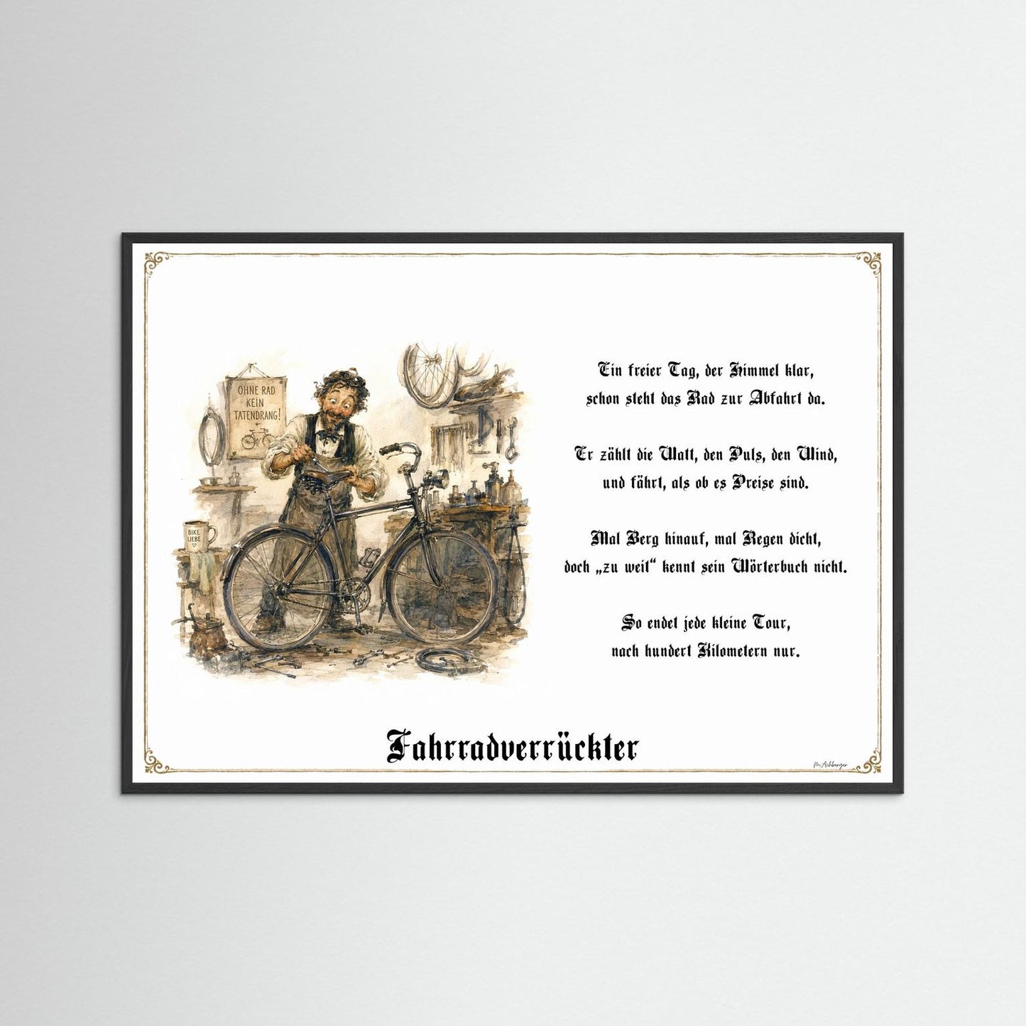 Fahrradverrückter Kunstdruck mit schwarzem Holzrahmen