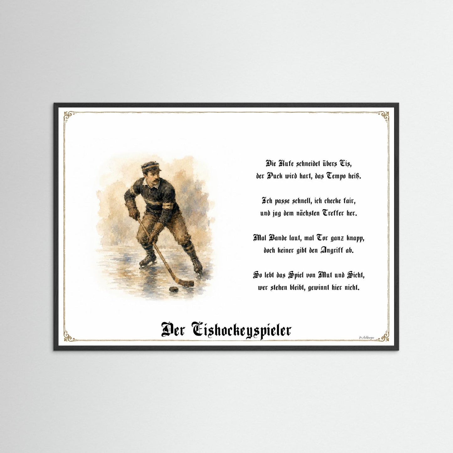 Sportbild Eishockeyspieler mit schwarzem Holzrahmen