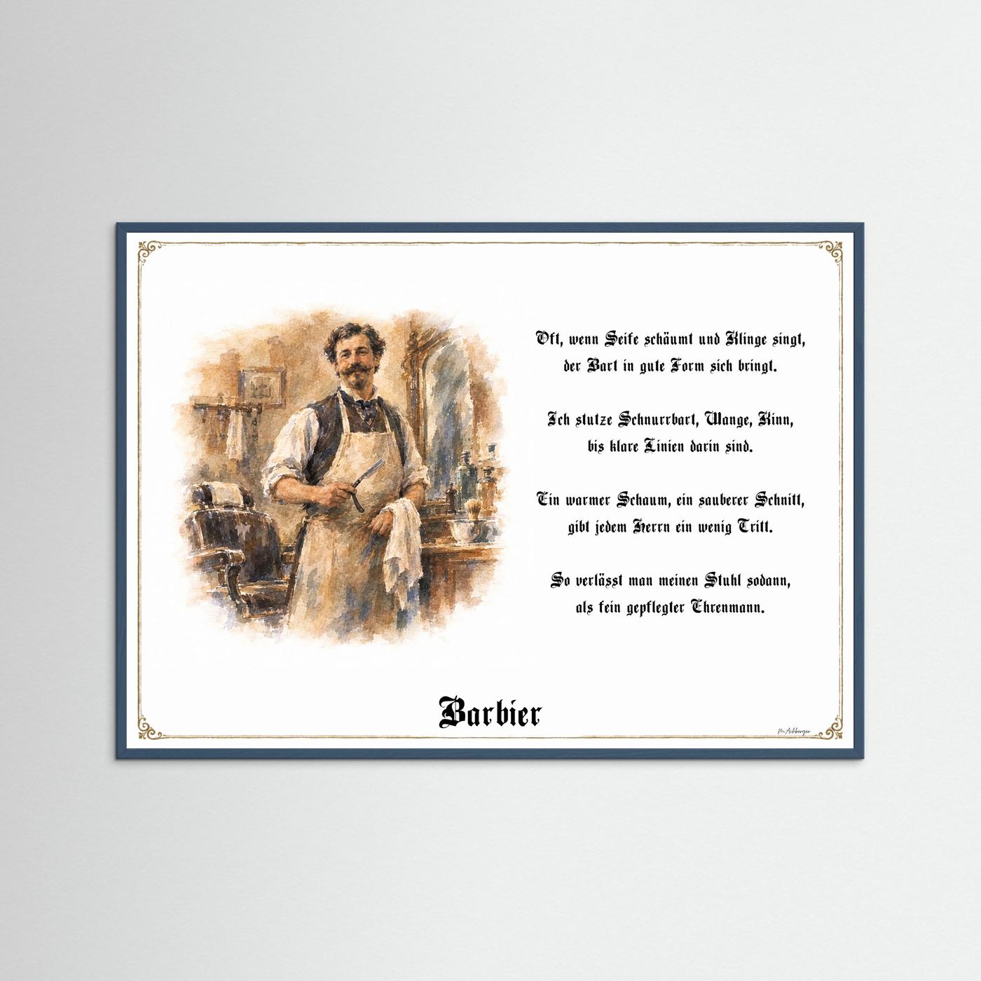 Zunftbild Barbier mit petrolfarbenem Holzrahmen