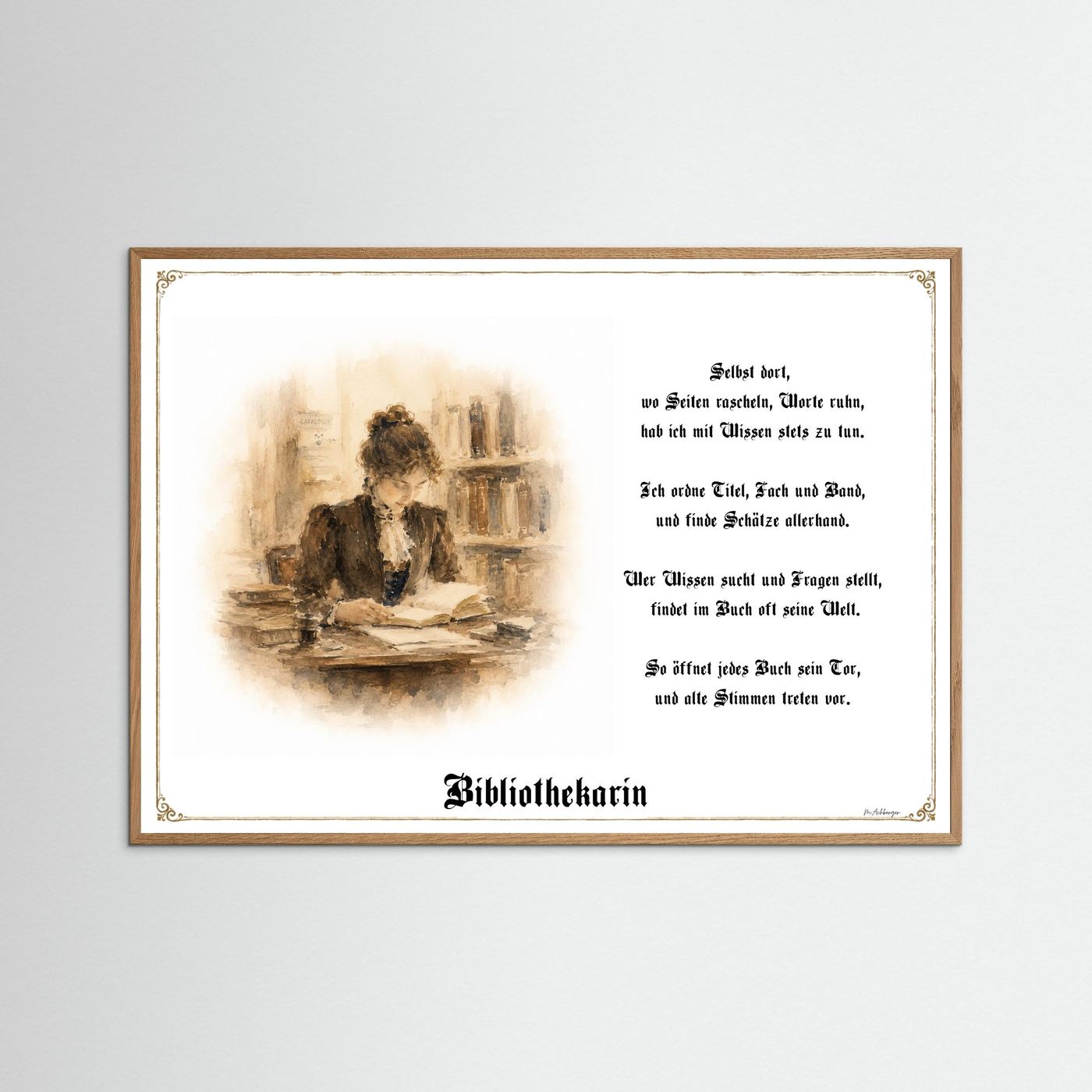 Zunftbild Bibliothekarin mit naturfarbenem Eichenrahmen