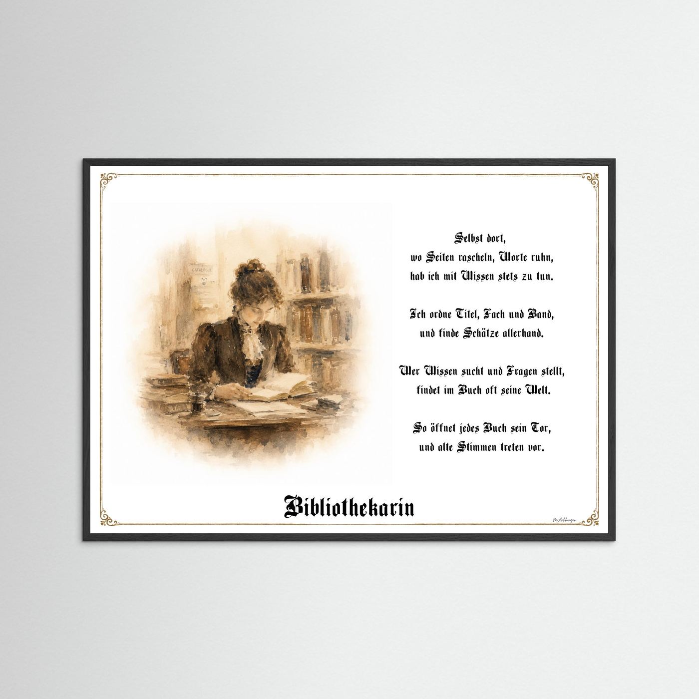 Zunftbild Bibliothekarin mit schwarzem Holzrahmen