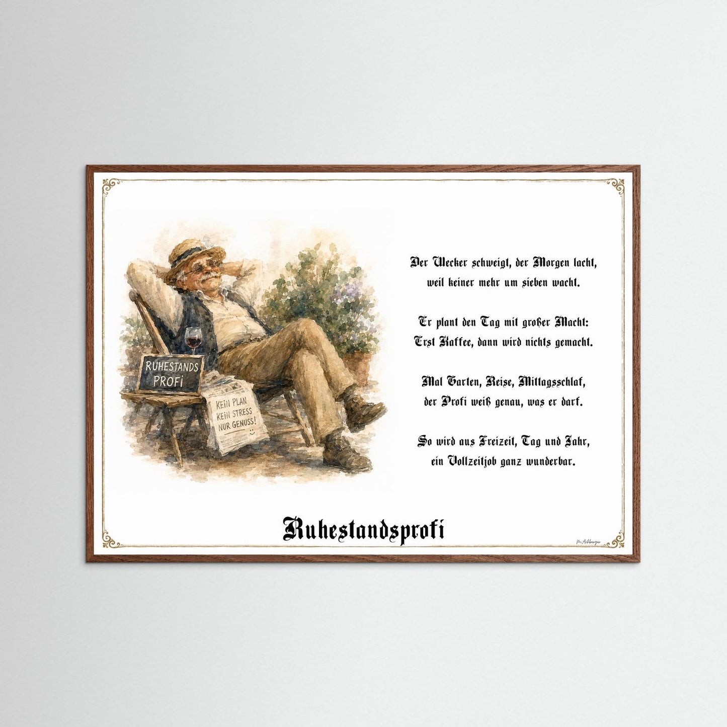 Ruhestandsprofi Kunstdruck mit dunklem Eichenrahmen