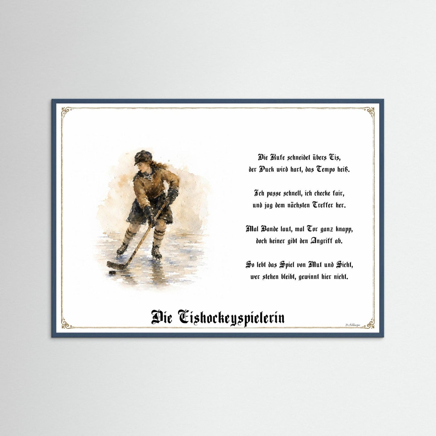 Sportbild Eishockeyspielerin mit petrolfarbenem Holzrahmen