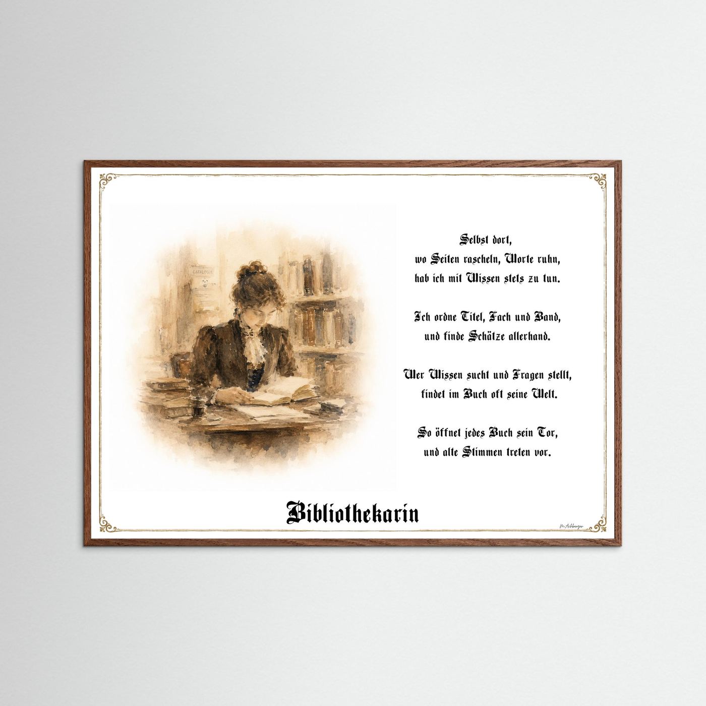 Zunftbild Bibliothekarin mit dunklem Eichenrahmen