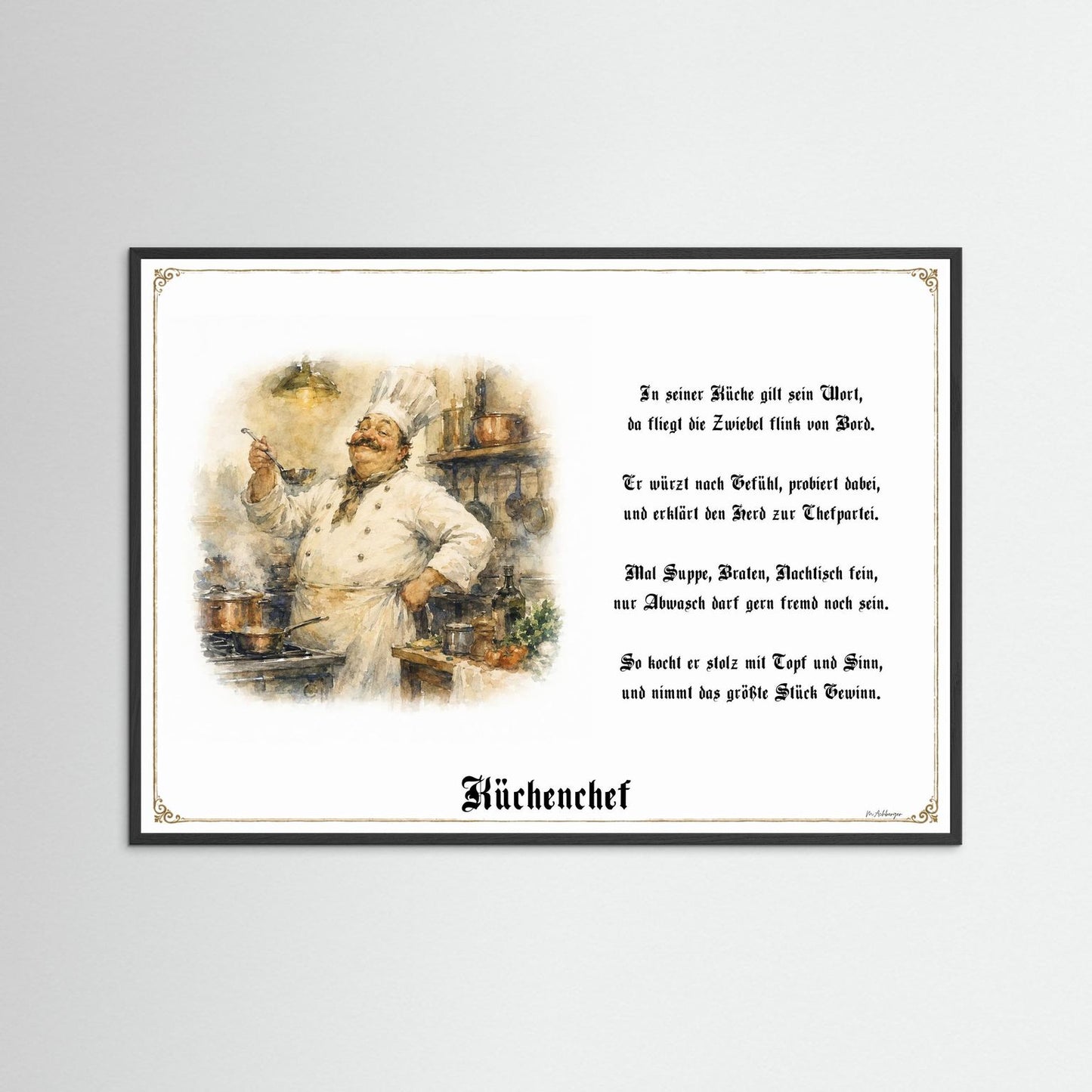 Küchenchef Kunstdruck mit schwarzem Holzrahmen