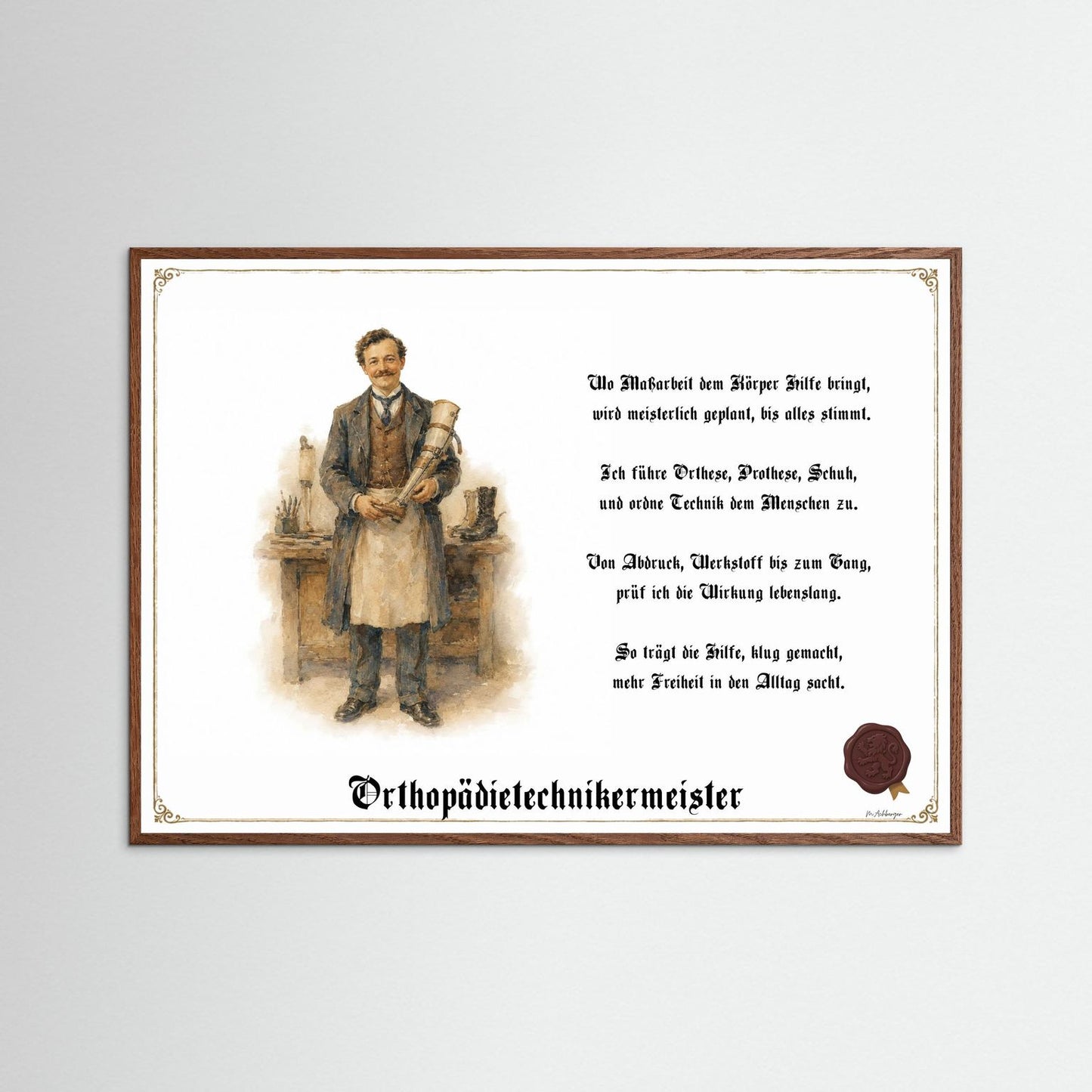 Zunftbild Orthopädietechnikermeister mit dunklem Eichenrahmen