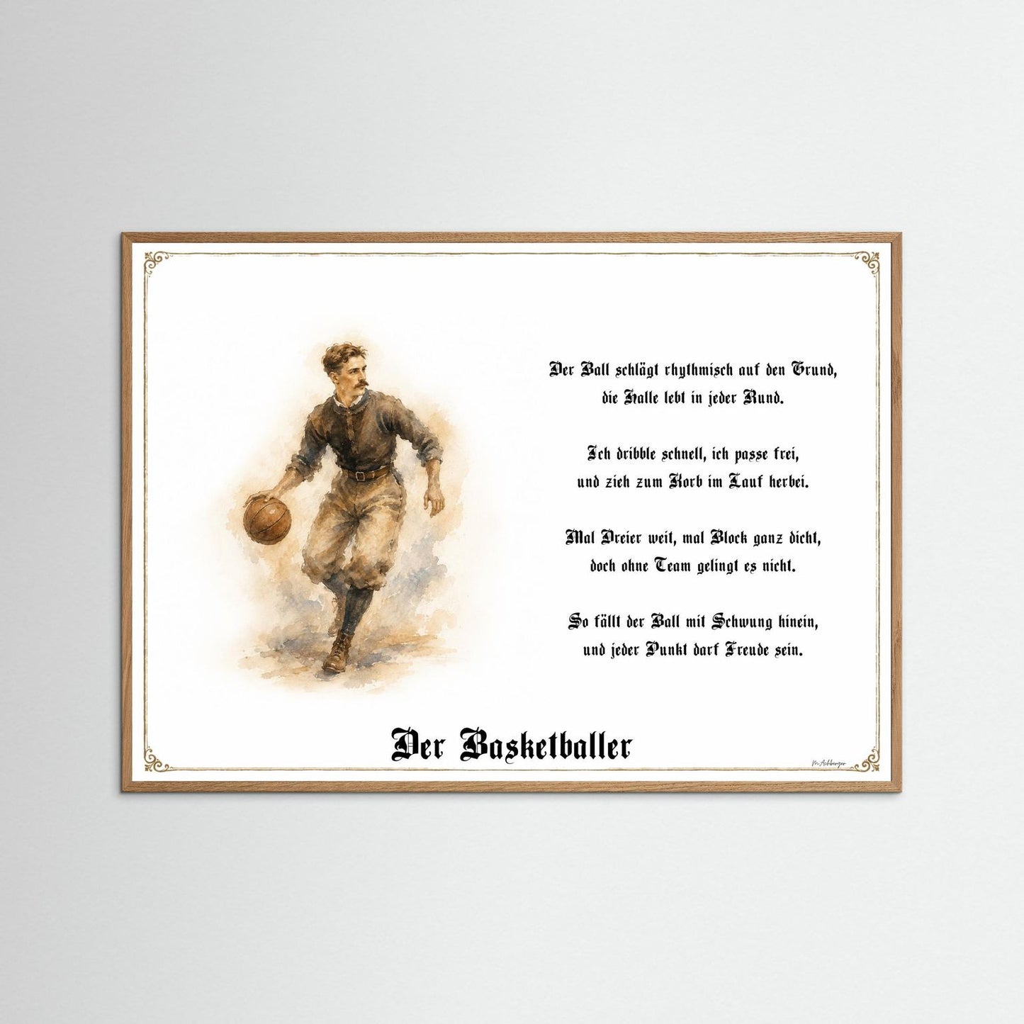 Sportbild Basketballer mit naturfarbenem Eichenrahmen