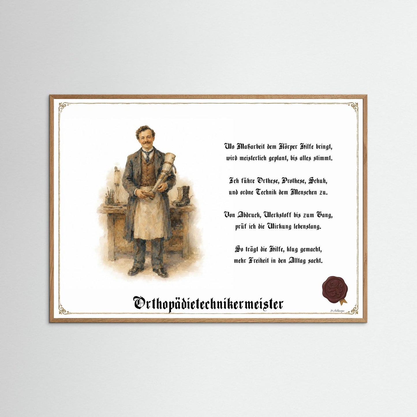Zunftbild Orthopädietechnikermeister mit naturfarbenem Eichenrahmen