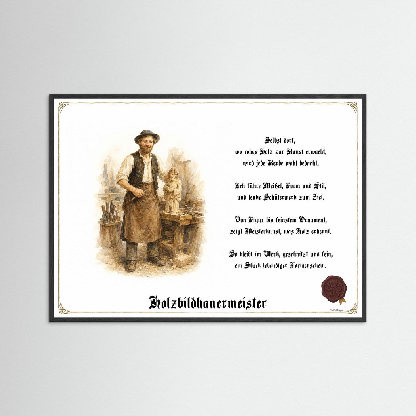 Zunftbild Holzbildhauermeister mit schwarzem Holzrahmen