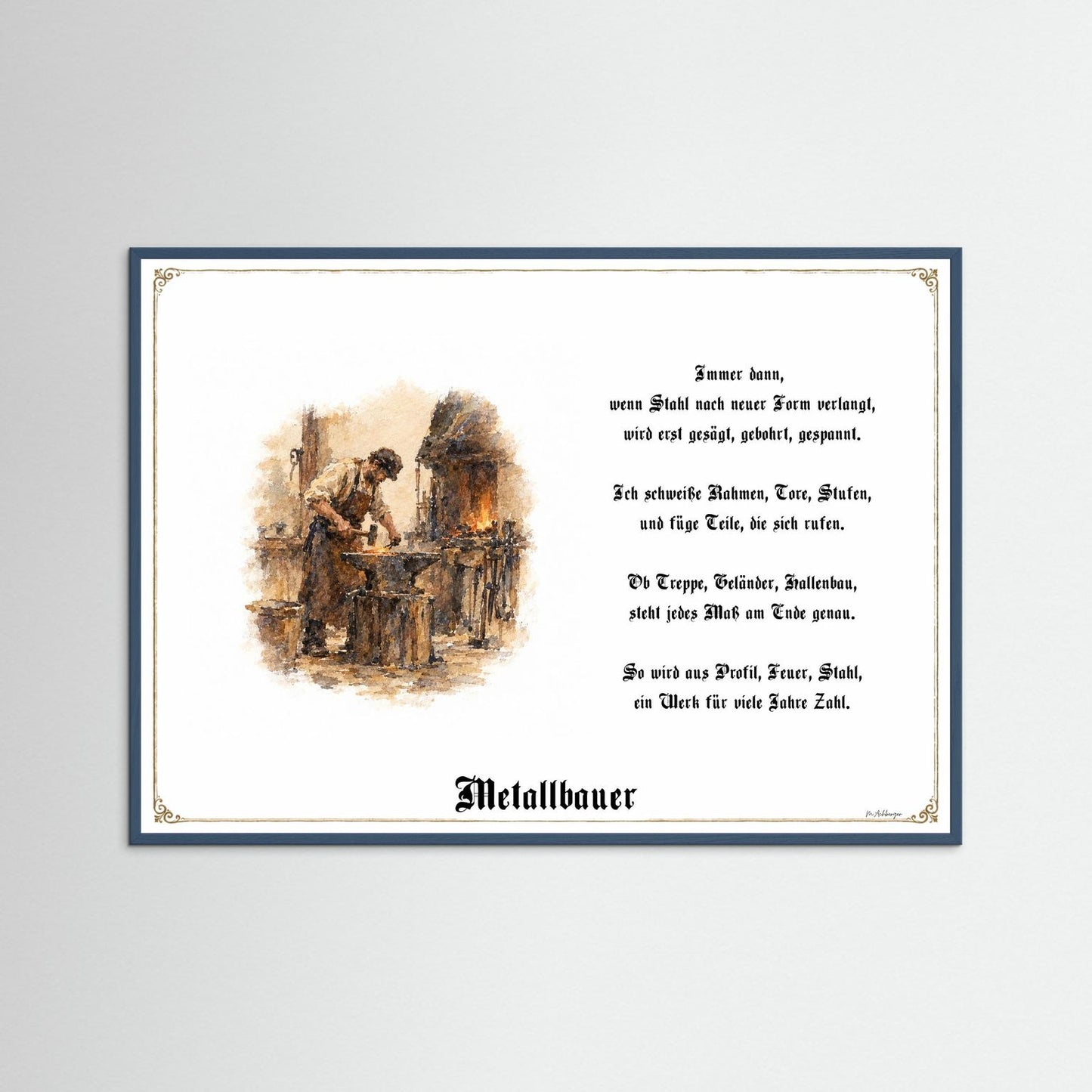 Zunftbild Metallbauer mit petrolfarbenem Holzrahmen