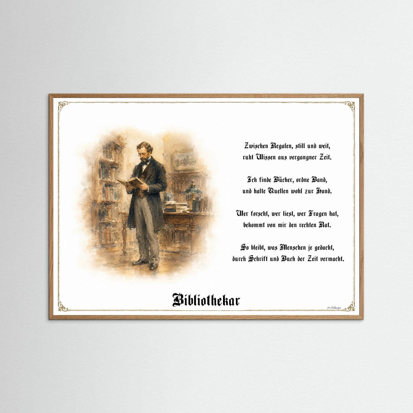 Zunftbild Bibliothekar mit naturfarbenem Eichenrahmen