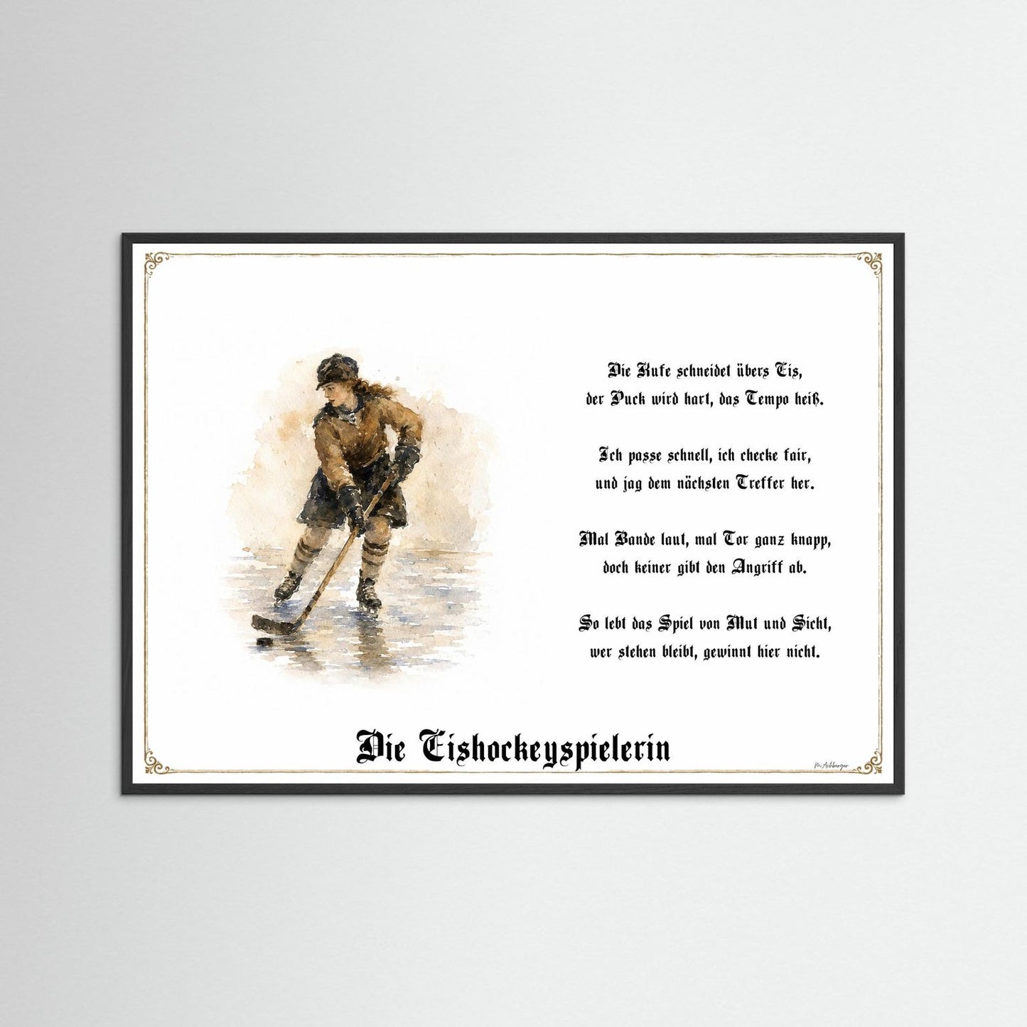 Sportbild Eishockeyspielerin mit schwarzem Holzrahmen