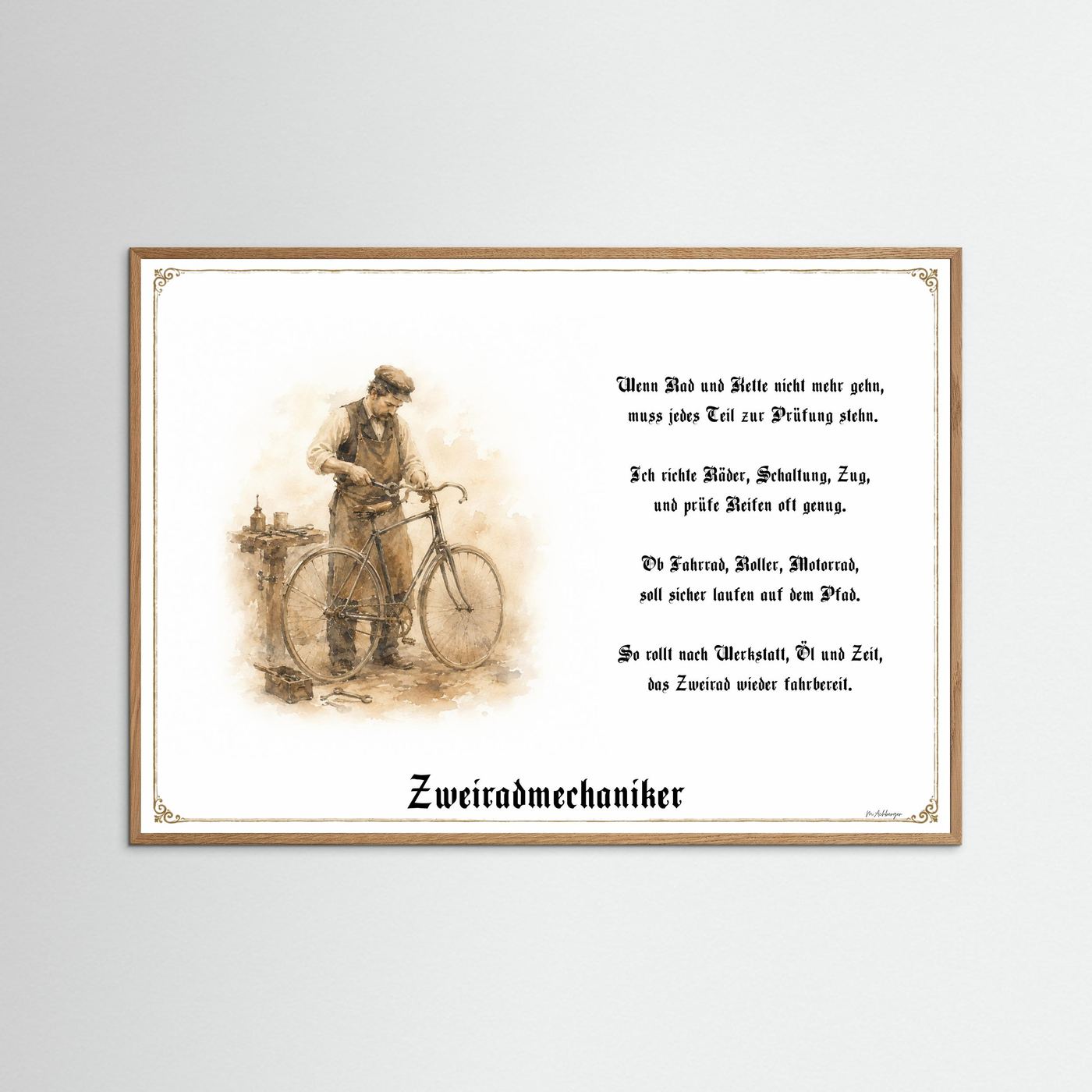 Zunftbild Zweiradmechaniker mit naturfarbenem Eichenrahmen
