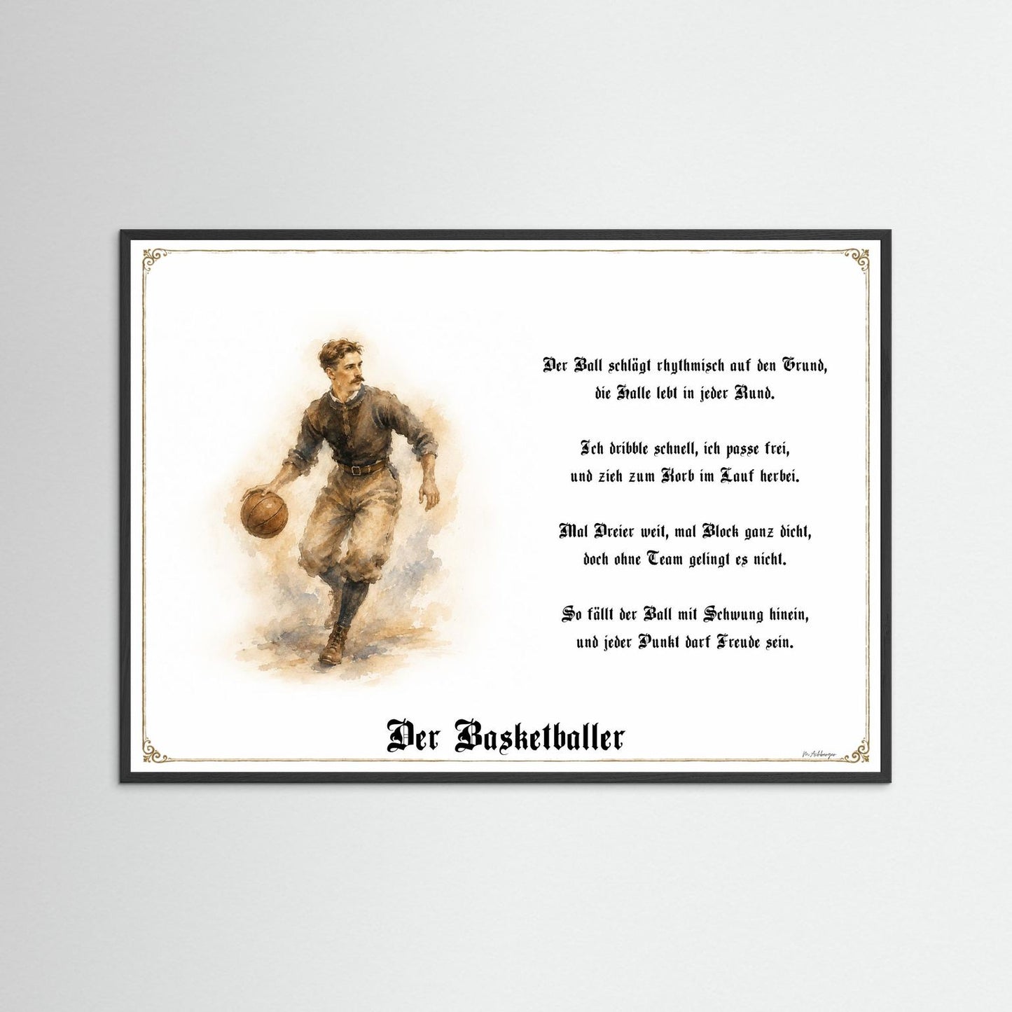 Sportbild Basketballer mit schwarzem Holzrahmen
