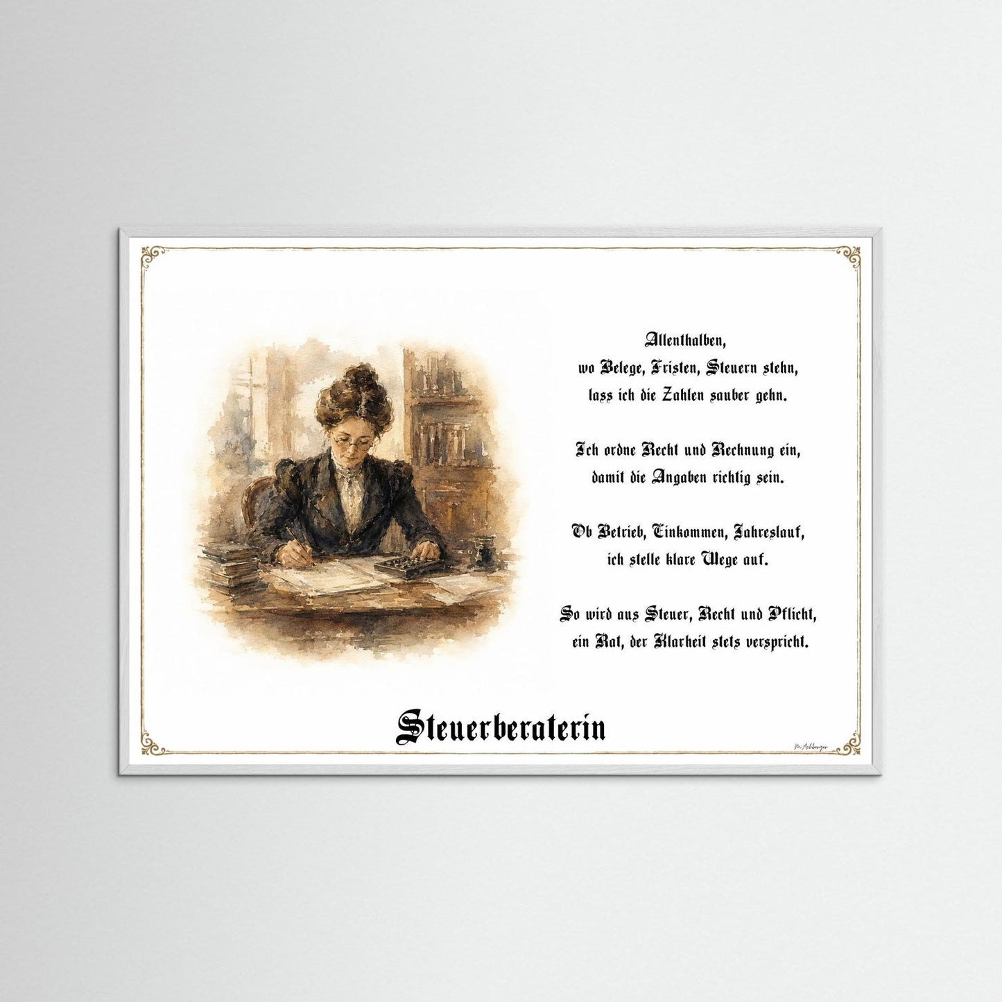 Zunftbild Steuerberaterin mit weißem Holzrahmen
