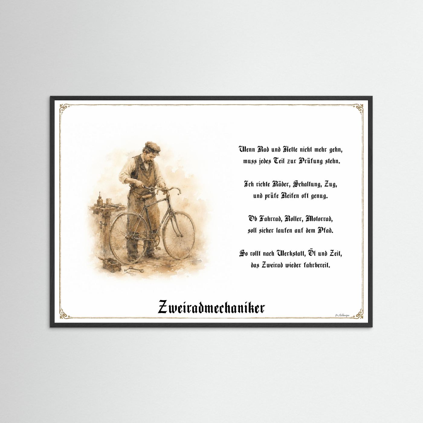 Zunftbild Zweiradmechaniker mit schwarzem Holzrahmen