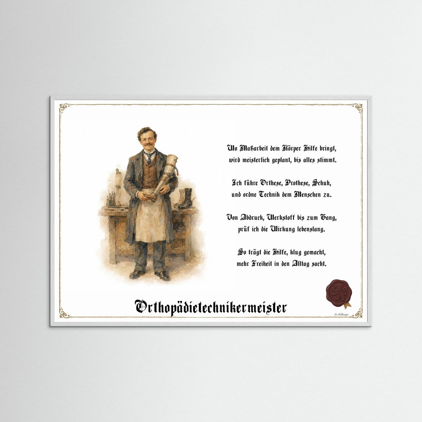 Zunftbild Orthopädietechnikermeister mit weißem Holzrahmen